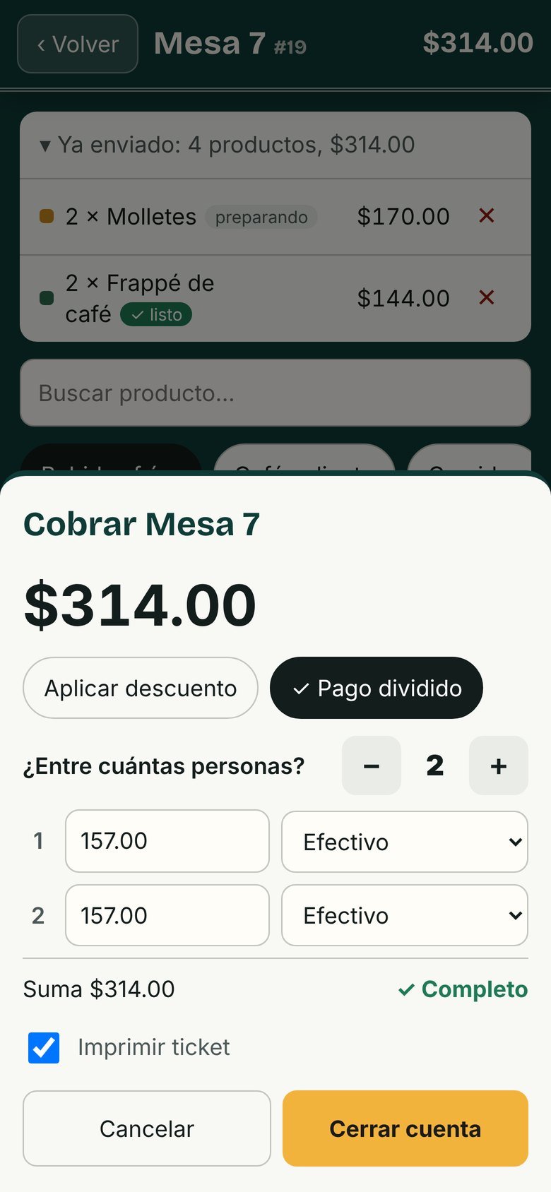 Cobro de una cuenta dividida entre dos personas