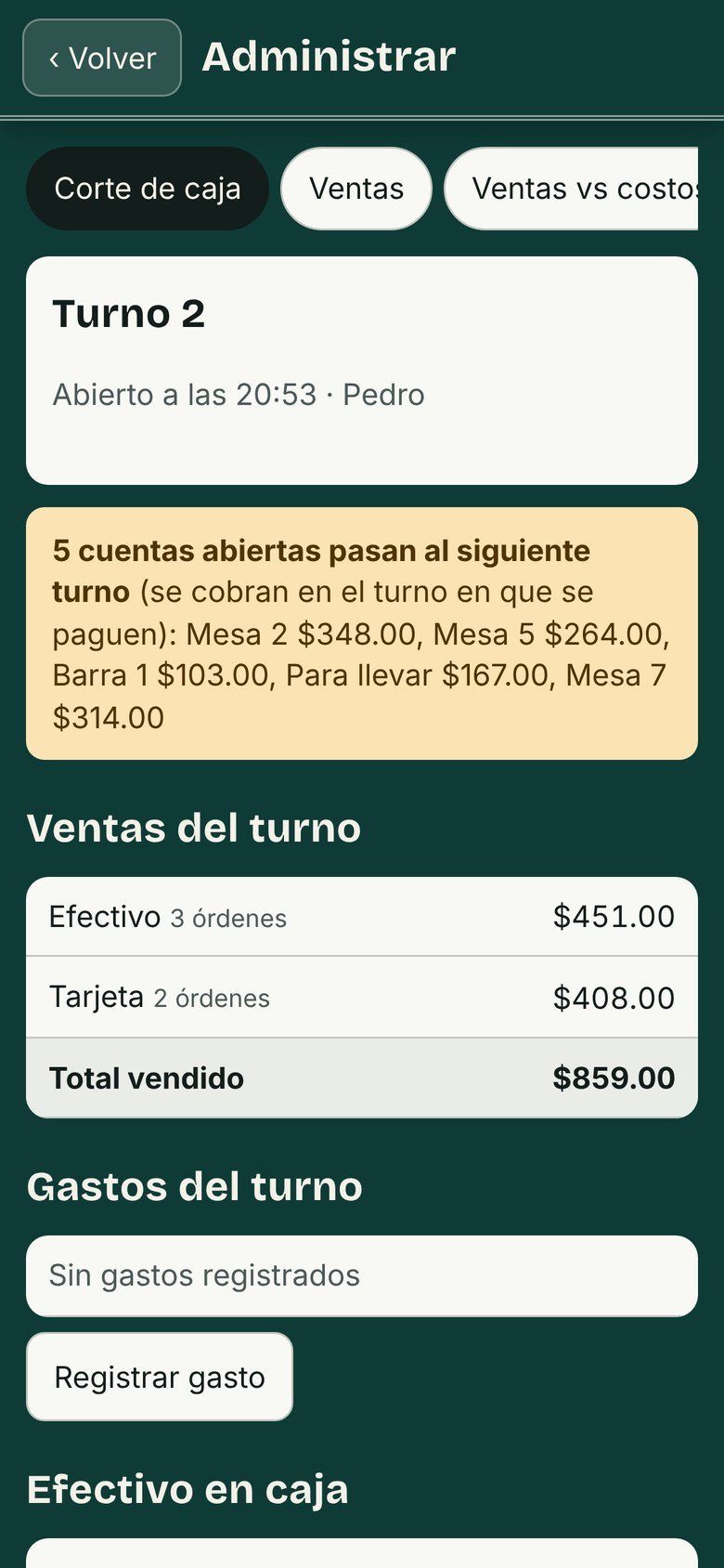 Resumen del turno con ventas por forma de pago