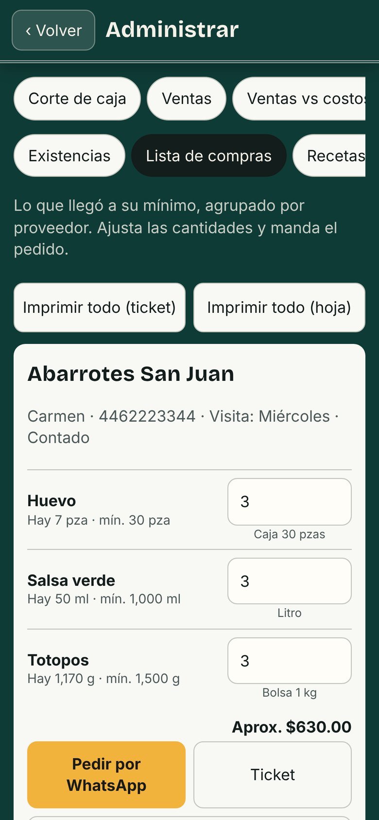 Lista de compras por proveedor