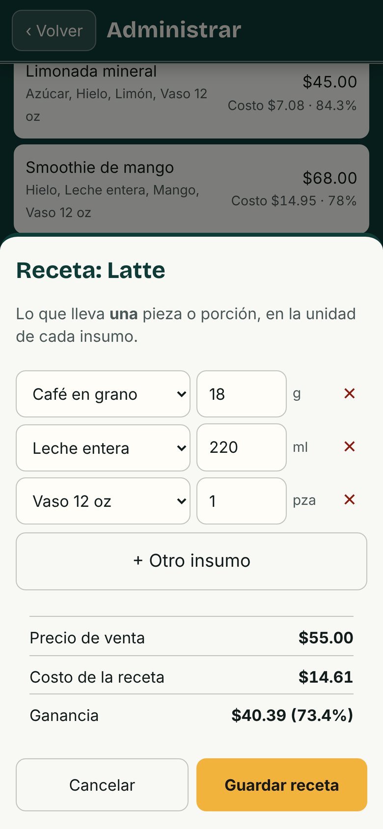 Receta del latte con su costo y ganancia